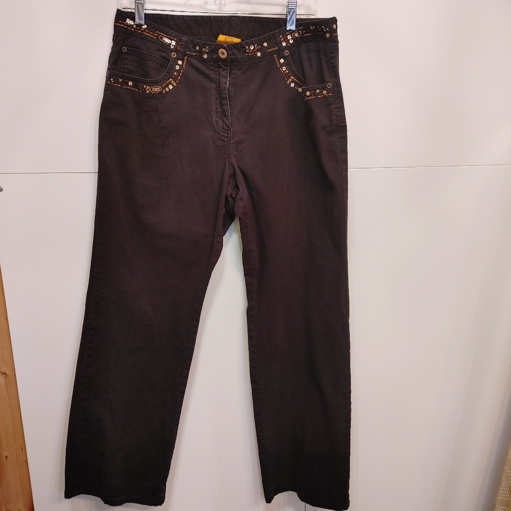 Boho Embellished Black Jeans Size 12 Straight Leg Beaded Sequin Denim - Picture 1 of 4